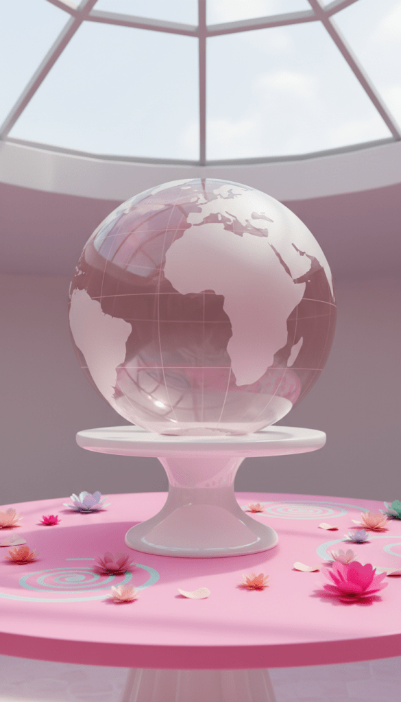 A central, whimsically oversized globe crafted from translucent rose-tinted glass, resting atop a glossy rounded pedestal with playful curved lines. The pedestal sits on a vibrant pink tabletop, bordered by faint pastel swirls and tiny blooming paper flowers in various shades of pink and lavender. Soft, diffused daylight streams from a skylight above, causing gentle reflections on the globe and subtle shadows on the tabletop. The atmosphere is energetic and inviting, with a hint of playful creativity. Captured from a slightly elevated angle and centered composition, the depth is sharp throughout, highlighting bright colors and smooth, rounded forms. The overall style is photographic realism with a vibrant, modern flair, fitting for a joyful, cross-cultural association.